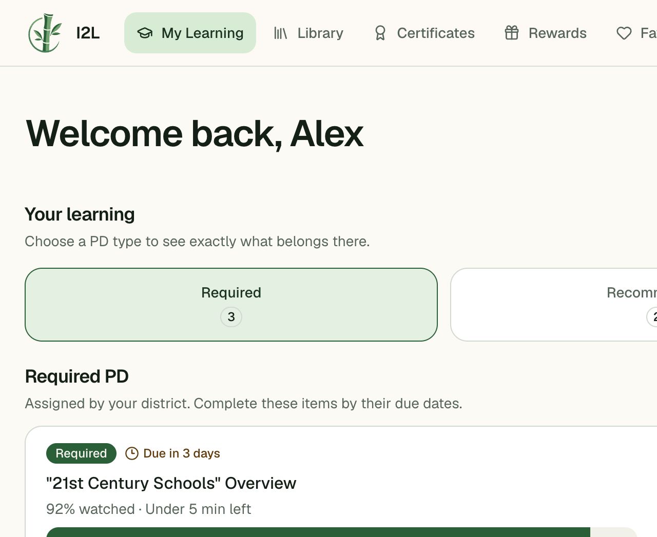 Alex Rivera's My Learning workspace with required assignments and saved progress.