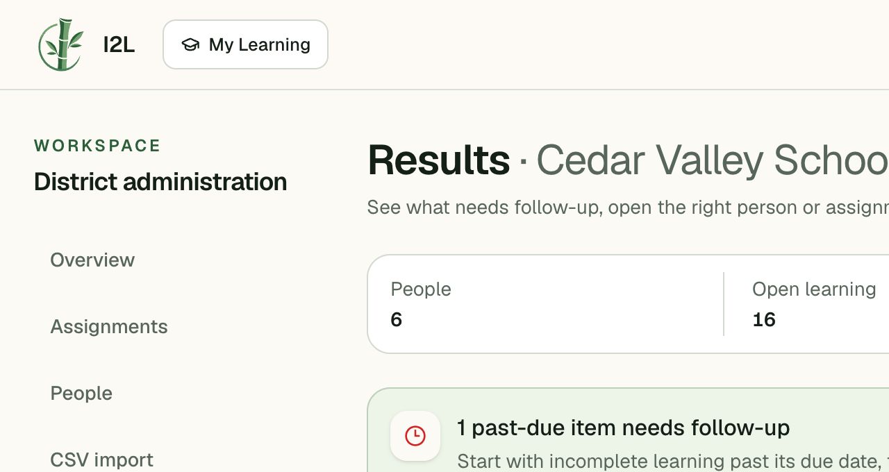 Cedar Valley School District results showing people, open learning, and past-due follow-up.