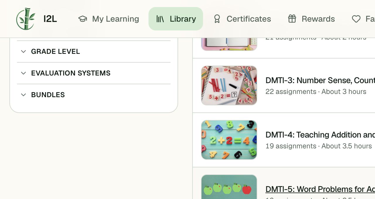 The I2L course library showing Educational Impact course cards and filters.
